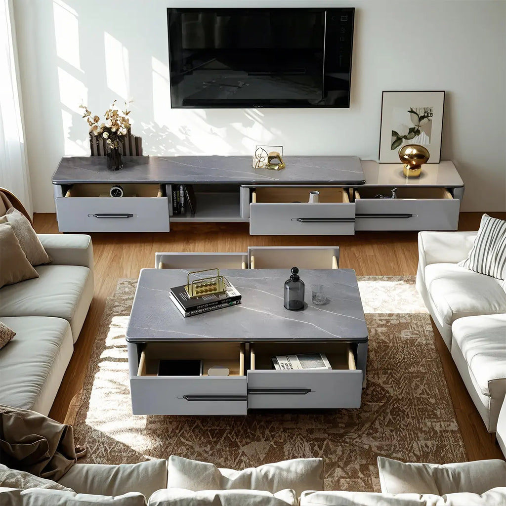 Meuble TV moderne gris moderne avec plateau en marbre, étagère ouverte et rangements