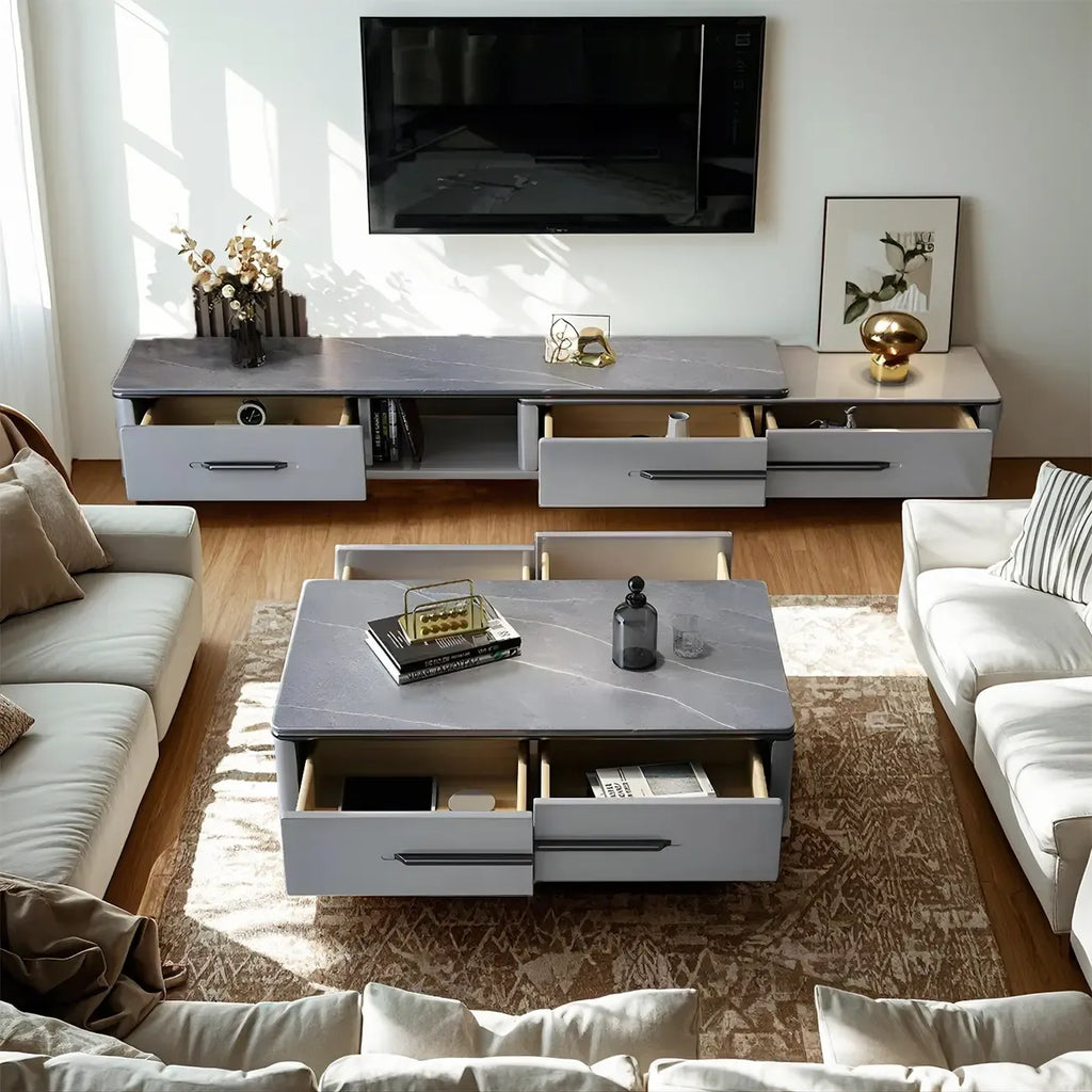 Meuble TV moderne gris moderne avec plateau en marbre, étagère ouverte et rangements