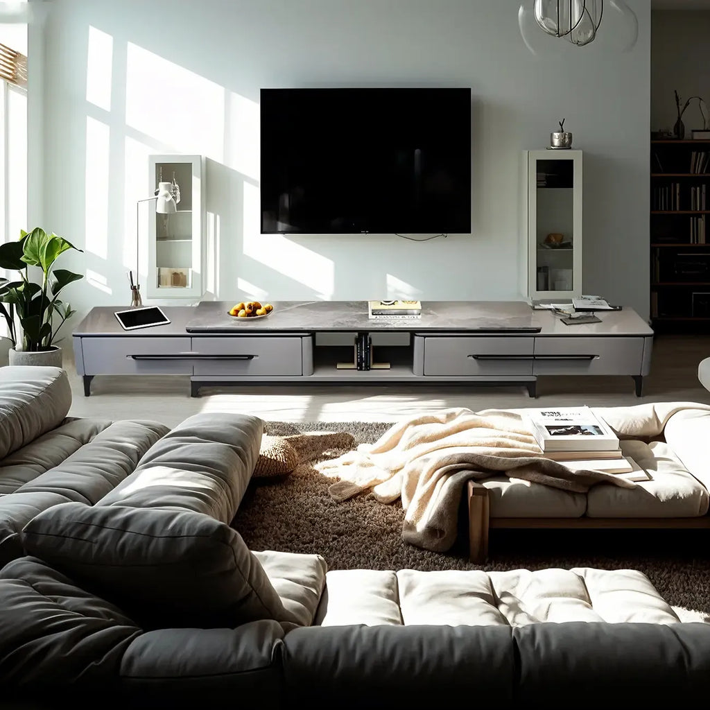 Meuble TV moderne gris moderne avec plateau en marbre, étagère ouverte et rangements