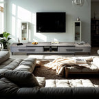 Meuble TV moderne gris moderne avec plateau en marbre, étagère ouverte et rangements