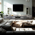 Meuble TV moderne gris moderne avec plateau en marbre, étagère ouverte et rangements