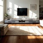 Meuble TV moderne gris moderne avec plateau en marbre, étagère ouverte et rangements