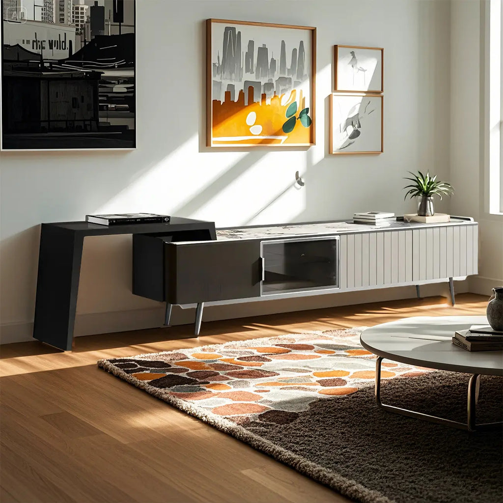 Meuble TV extensible latéral en pierre noire 71 avec tiroirs