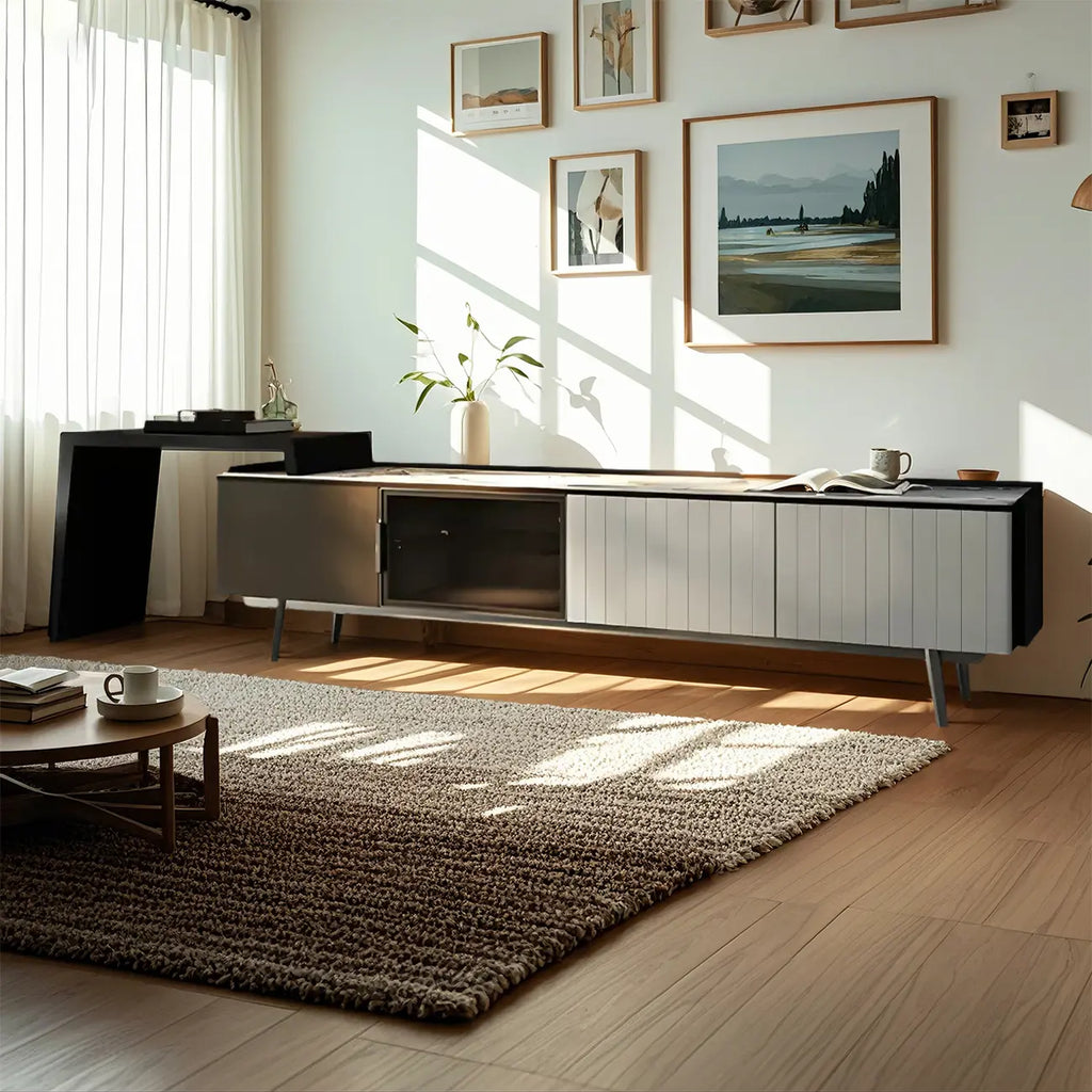 Meuble TV extensible latéral en pierre noire 71 avec tiroirs