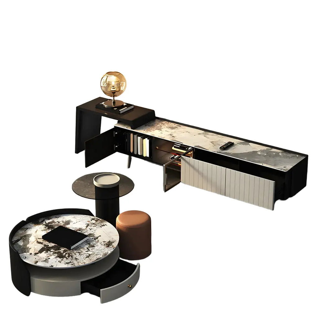 Meuble TV extensible latéral en pierre noire 71 avec tiroirs