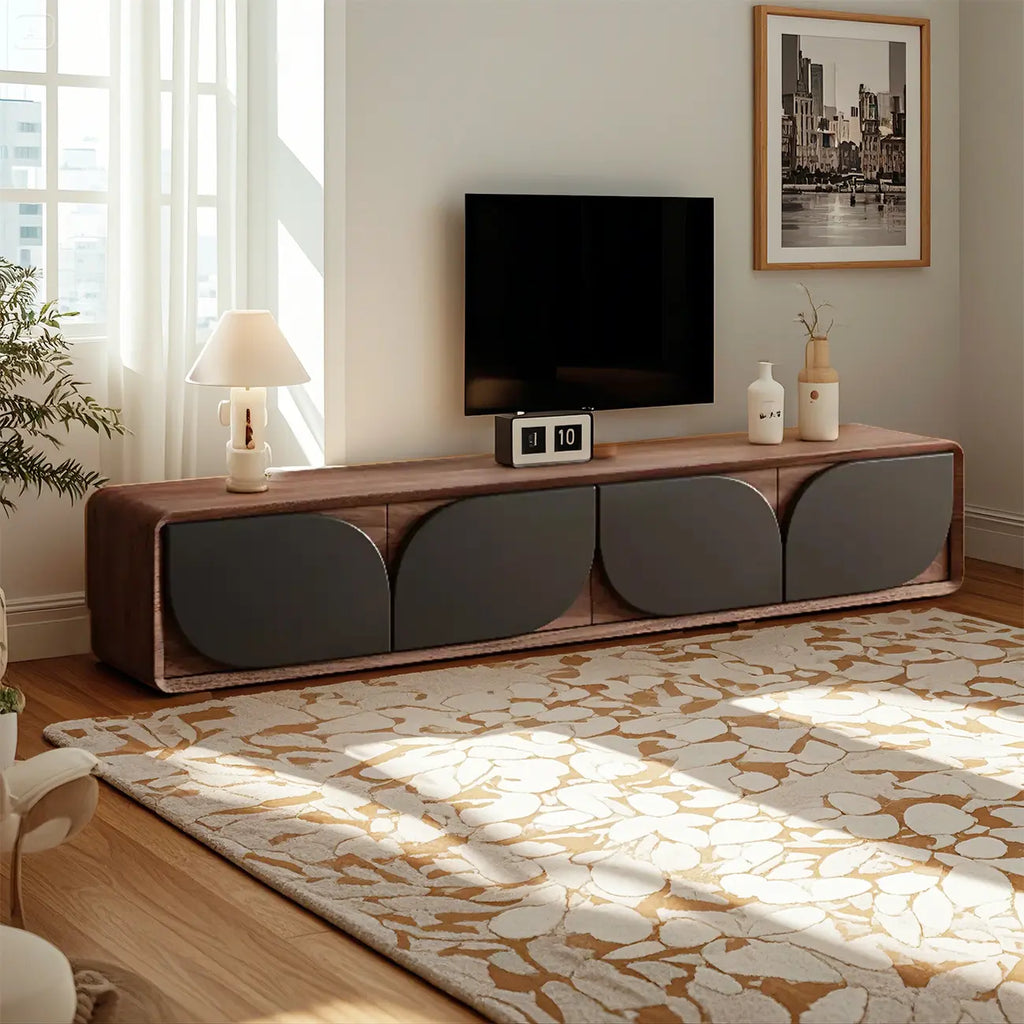 Meuble TV avec porte cintrée en noyer et système de gestion des câbles