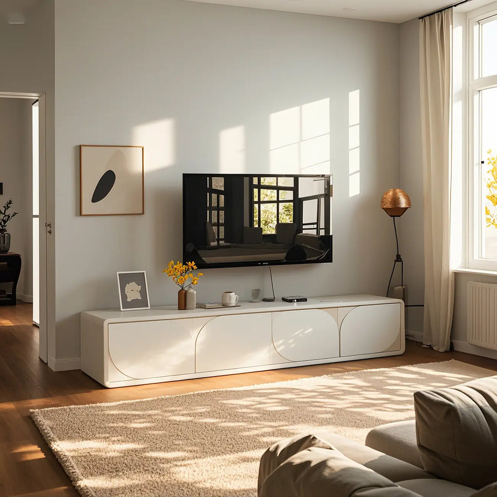 Meuble TV avec porte cintrée en noyer et système de gestion des câbles