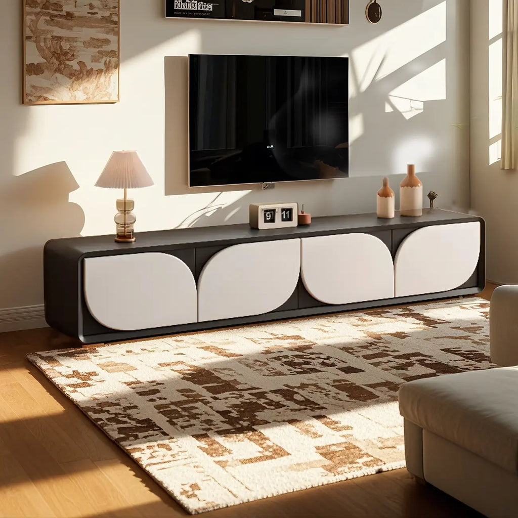 Meuble TV avec porte cintrée en noyer et système de gestion des câbles