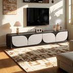 Meuble TV avec porte cintrée en noyer et système de gestion des câbles