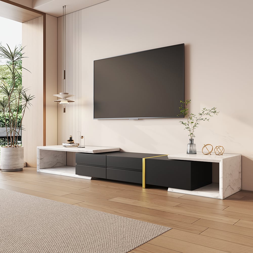 Meuble TV extensible moderne blanc et noir à 2 tiroirs en bois