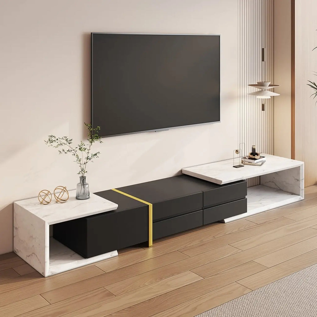 Meuble TV extensible moderne blanc et noir à 2 tiroirs en bois