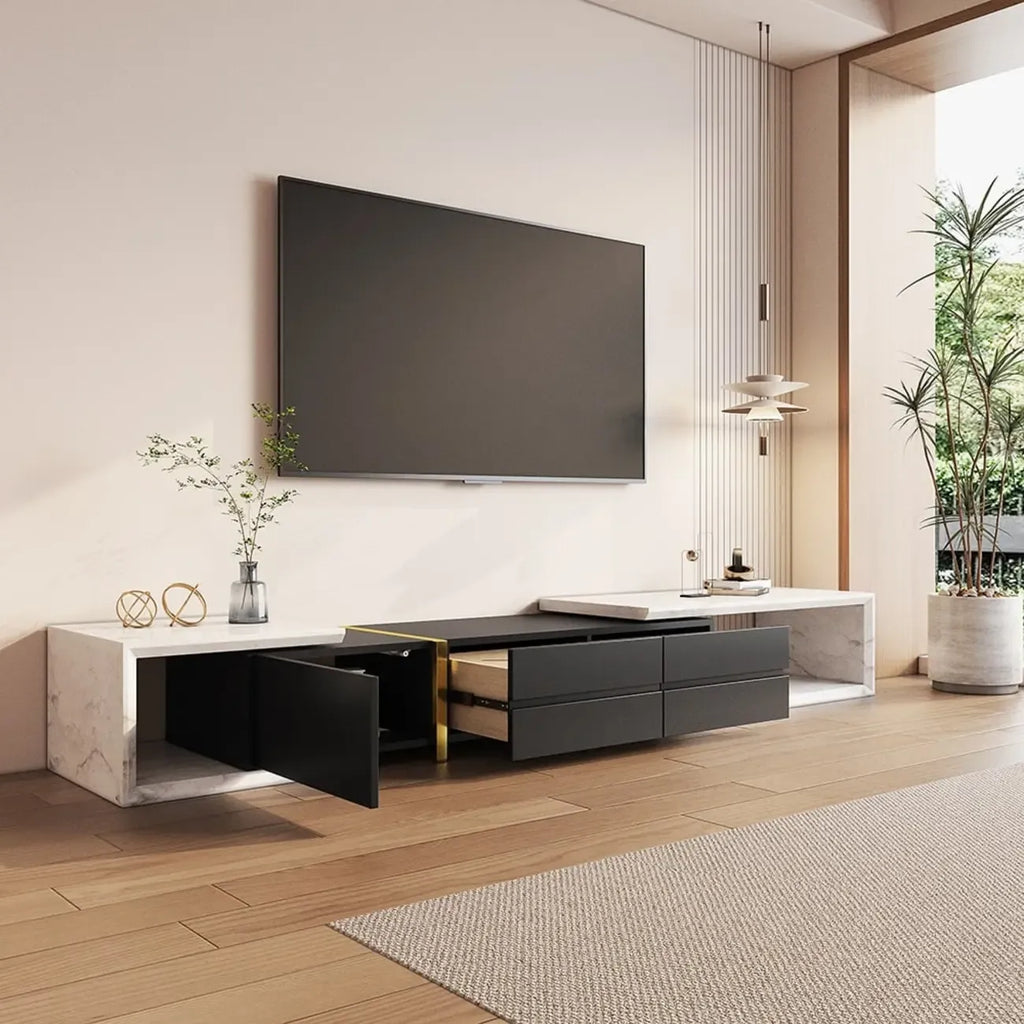 Meuble TV extensible moderne blanc et noir à 2 tiroirs en bois