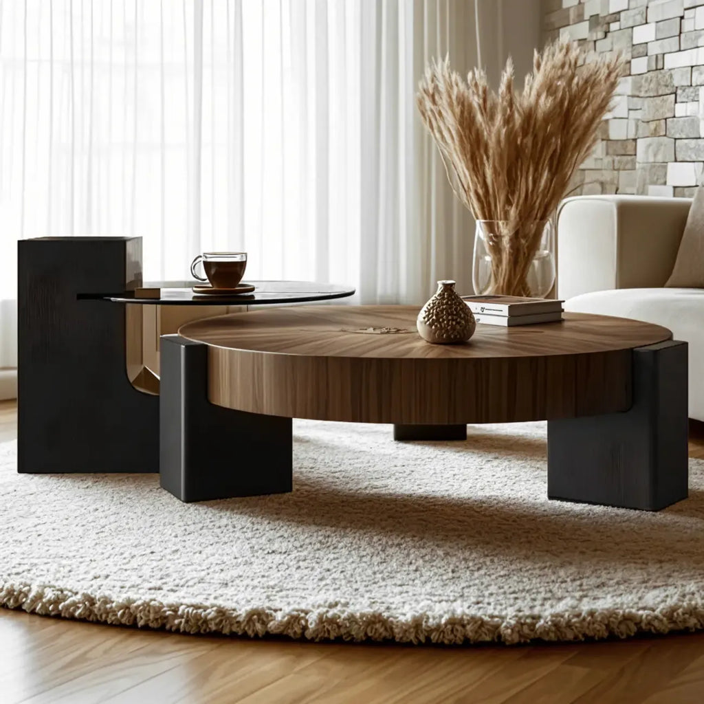 Table basse ronde en bois recyclé noir et marron