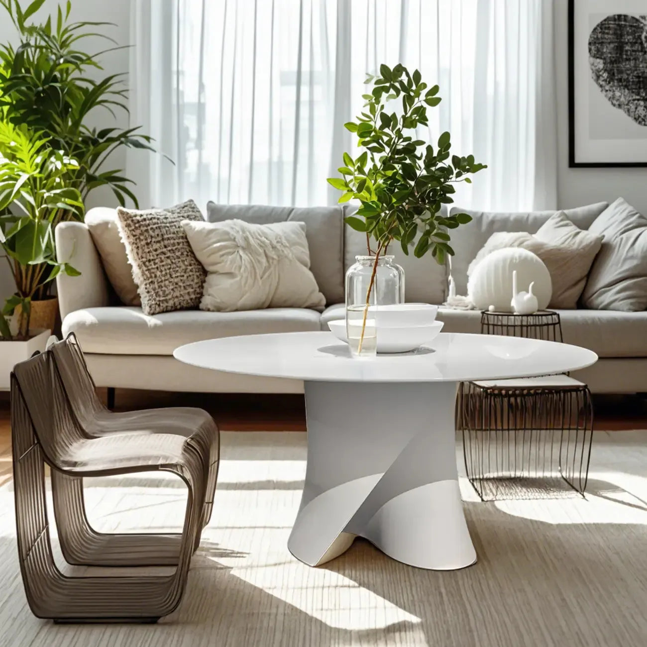 Table basse ronde moderne abstraite en bois de couleur unie