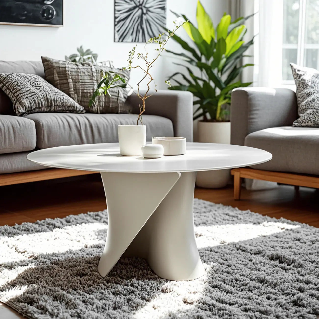 Table basse ronde moderne abstraite en bois de couleur unie