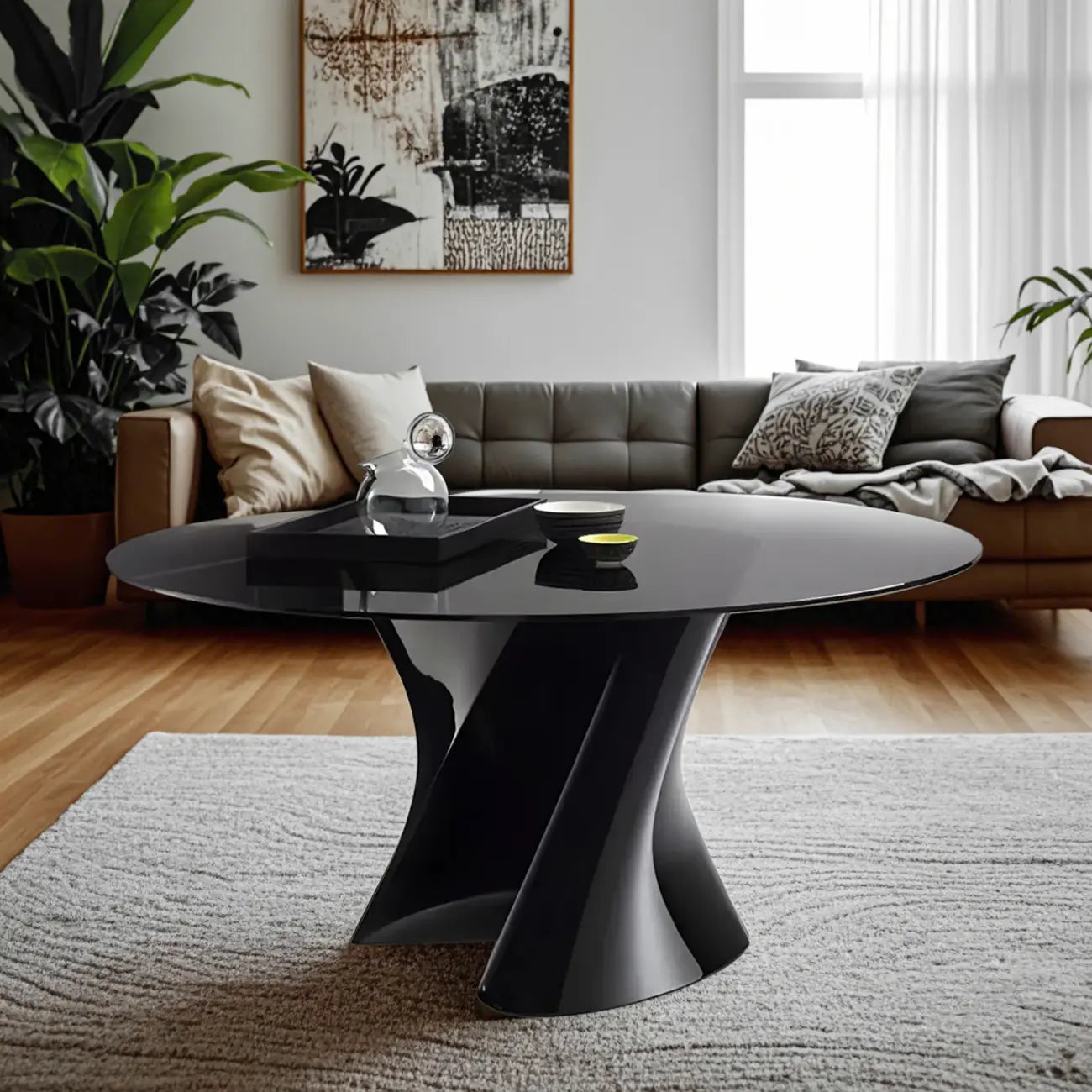 Table basse ronde moderne abstraite en bois de couleur unie