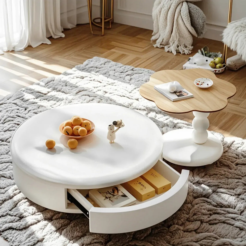 Table basse ronde moderne en bois blanc avec tiroir