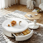 Table basse ronde moderne en bois blanc avec tiroir