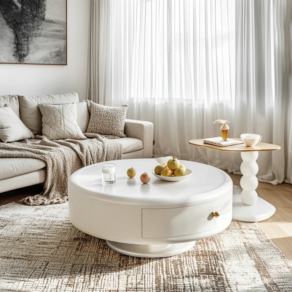 Table basse ronde moderne en bois blanc avec tiroir