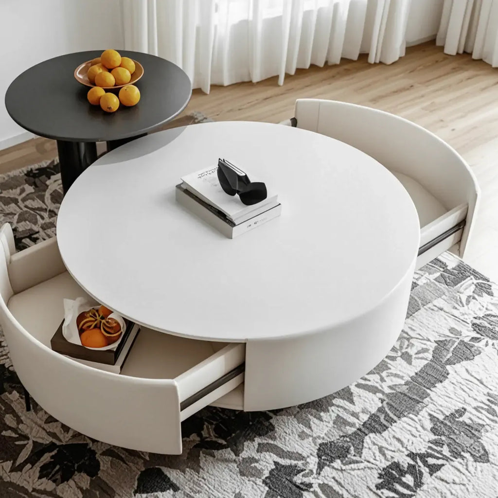 Table basse ronde en bois noir et blanc moderne et élégante avec tiroir