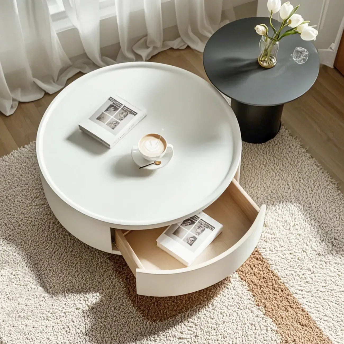 Table basse ronde moderne en bois noir et blanc avec tiroir