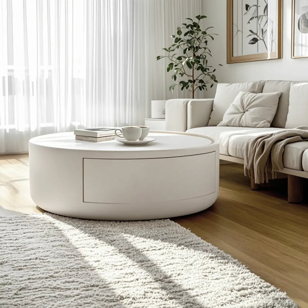 Table basse ronde moderne en bois noir et blanc avec tiroir