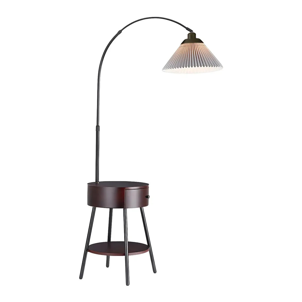 Lampadaire arqué moderne en bois avec télécommande et étagère de rangement