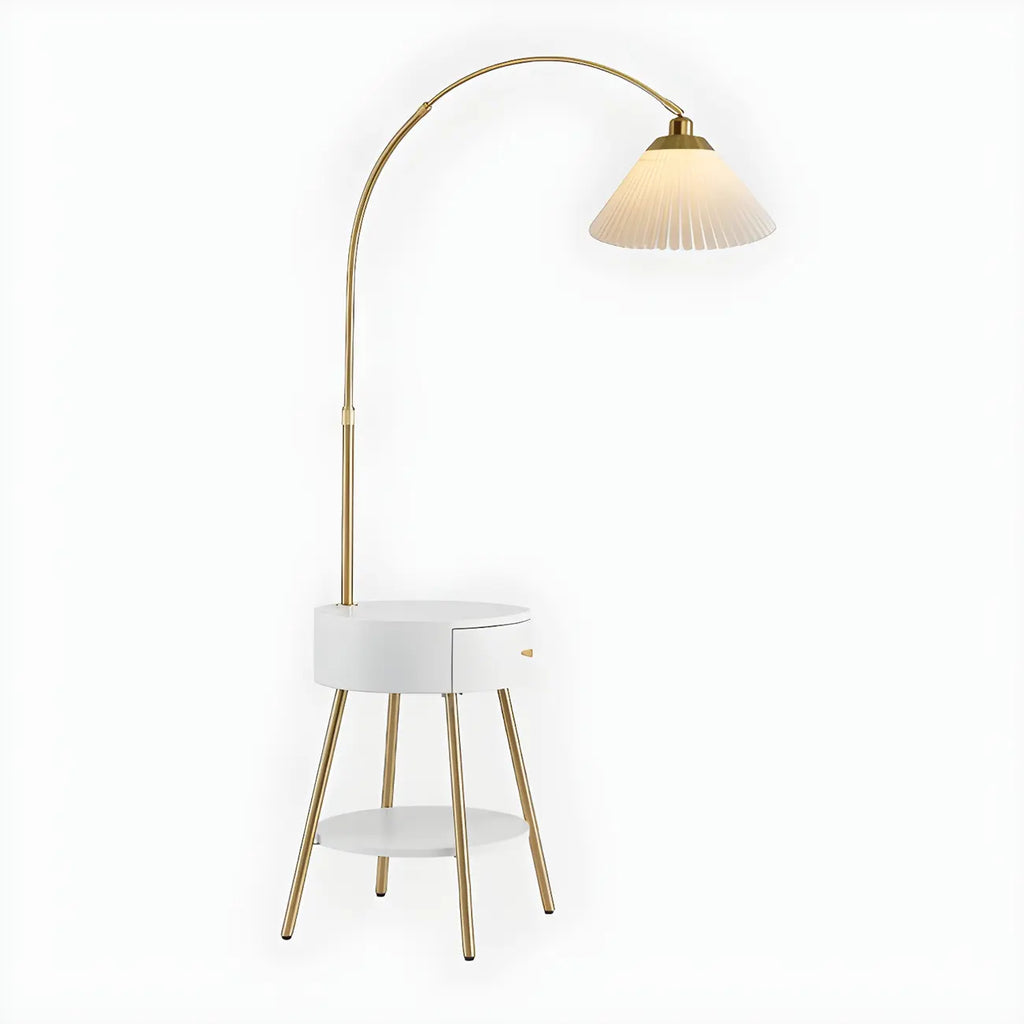 Lampadaire arqué moderne en bois avec télécommande et étagère de rangement