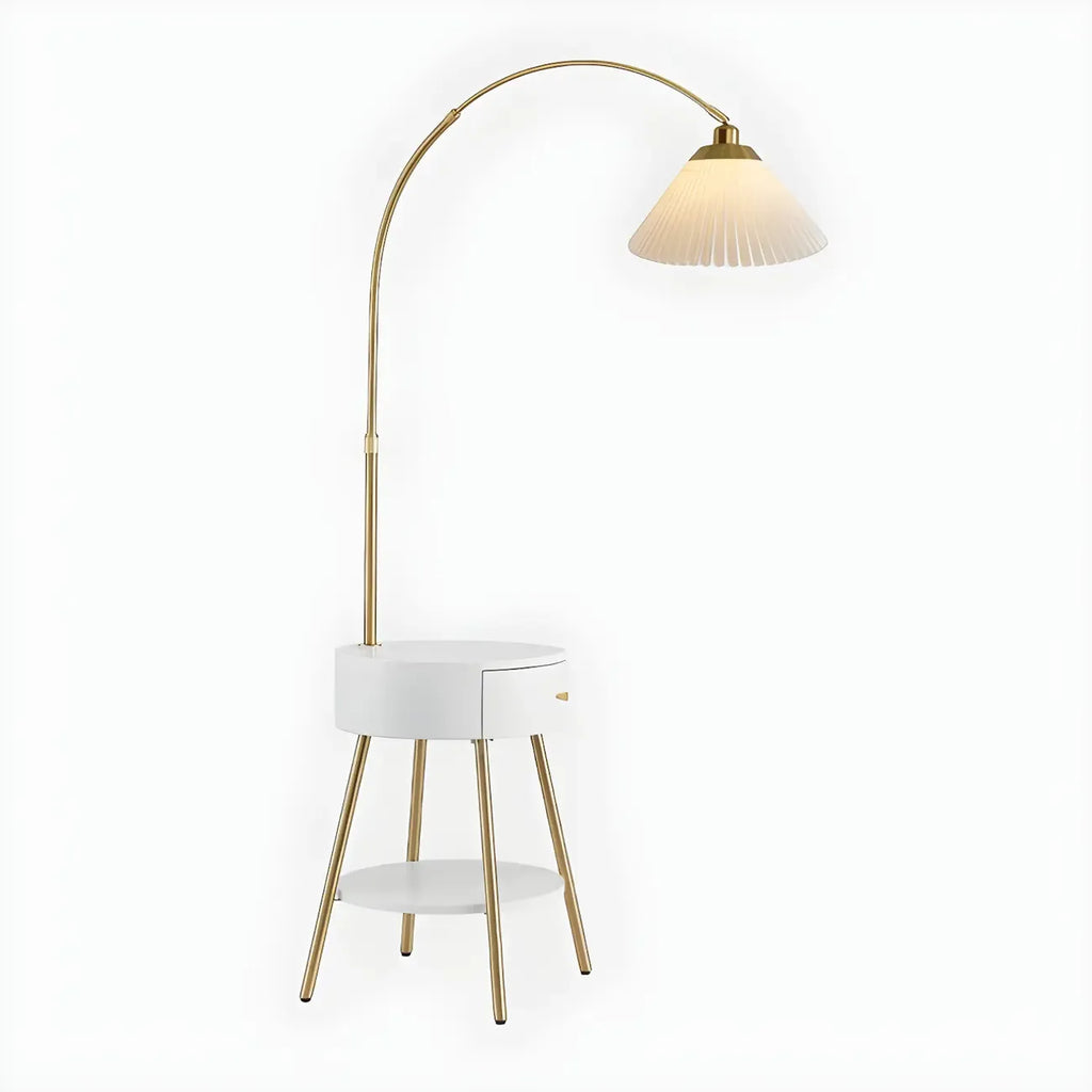 Lampadaire arqué moderne en bois avec télécommande et étagère de rangement