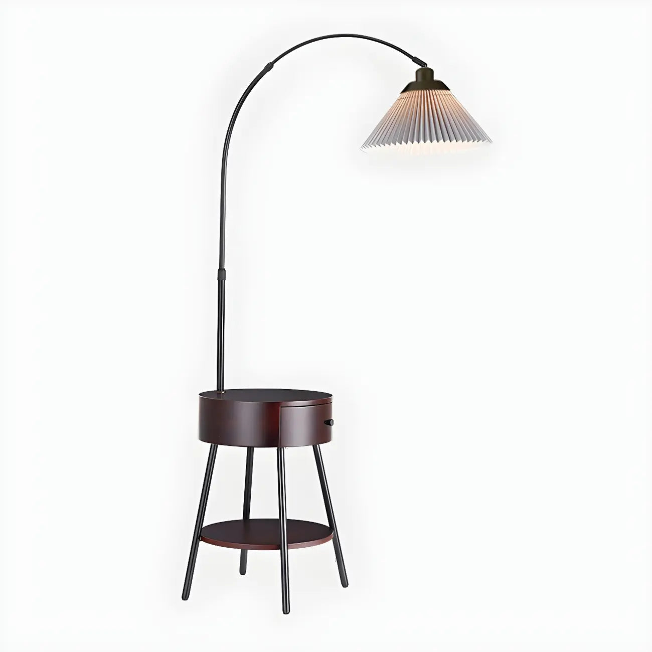 Lampadaire arqué moderne en bois avec télécommande et étagère de rangement