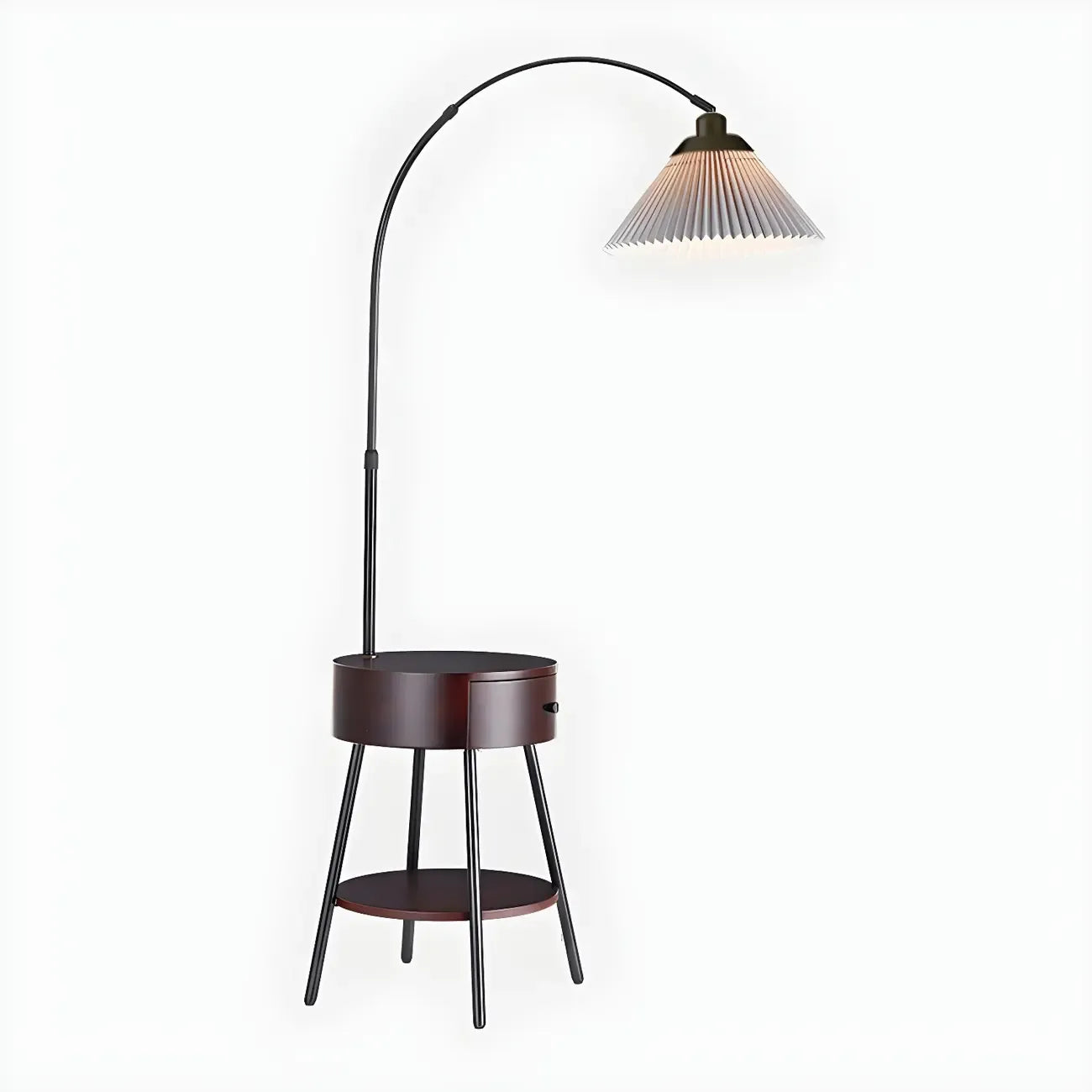 Lampadaire arqué moderne en bois avec télécommande et étagère de rangement