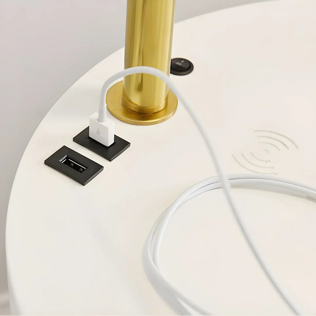 Lampadaire arqué moderne en bois avec télécommande et étagère de rangement