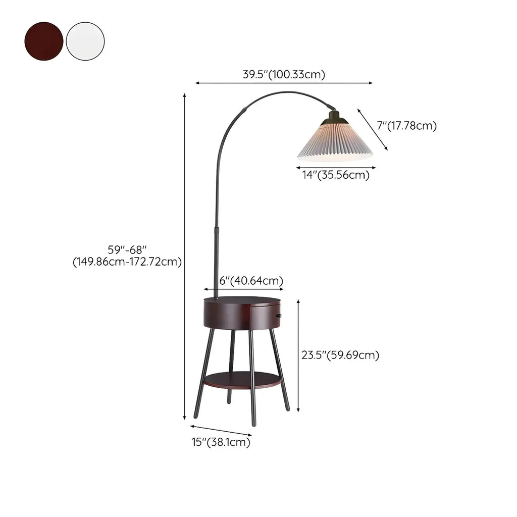 Lampadaire arqué moderne en bois avec télécommande et étagère de rangement