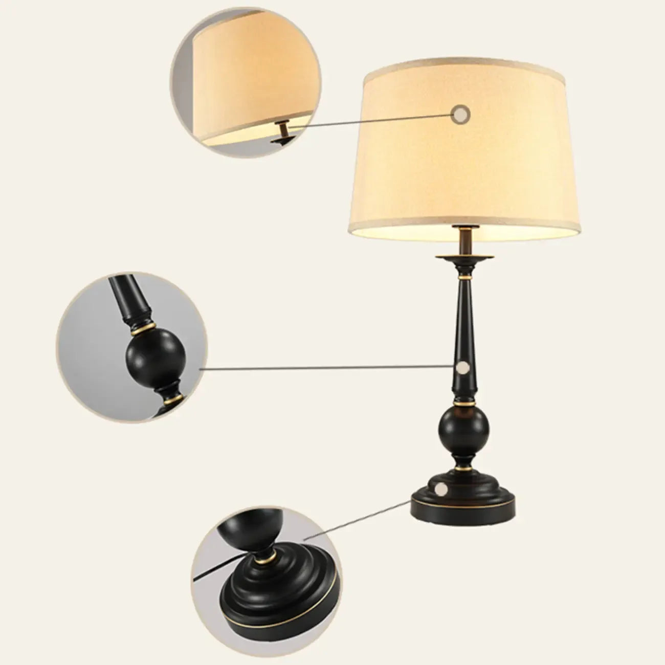 Lampe de table standard traditionnelle avec abat-jour en tissu et métal noir