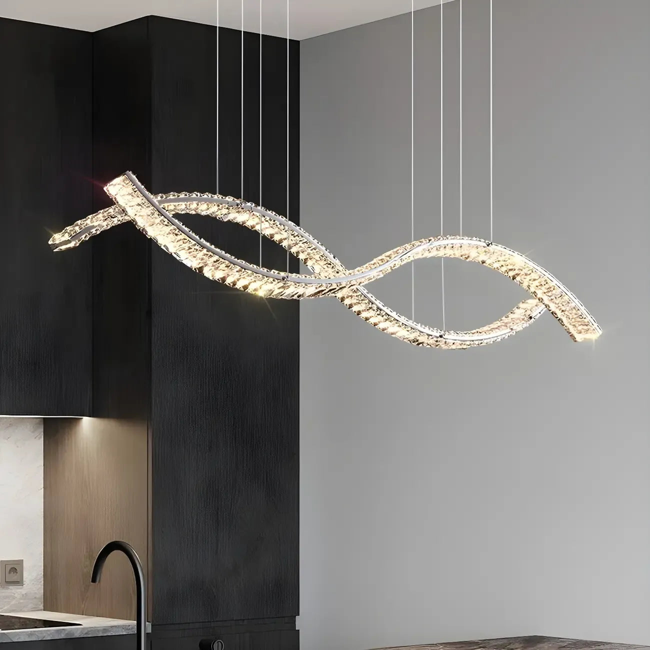 Suspension LED à intensité variable en cristal ondulé pour îlot de cuisine