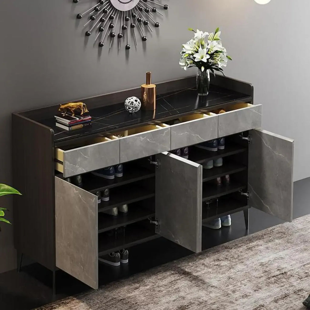 Meuble à chaussures moderne en bois gris avec plateau de rangement