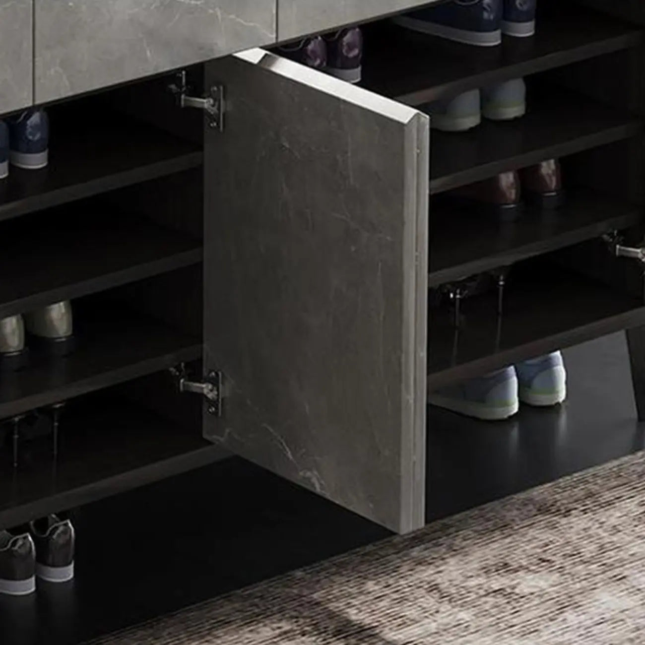 Meuble à chaussures moderne en bois gris avec plateau de rangement