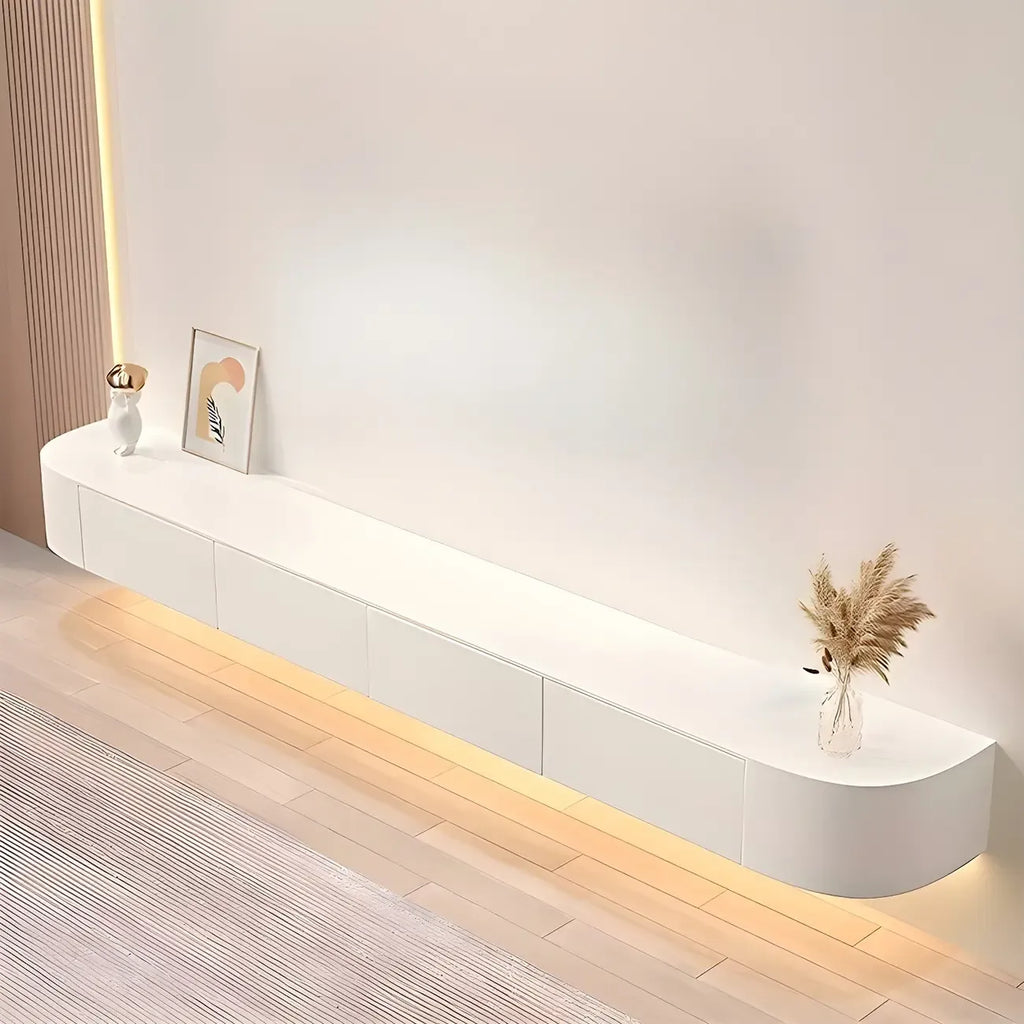 Meuble TV suspendu en bois blanc de style glamour avec tiroirs et étagères