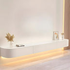 Meuble TV suspendu en bois blanc de style glamour avec tiroirs et étagères