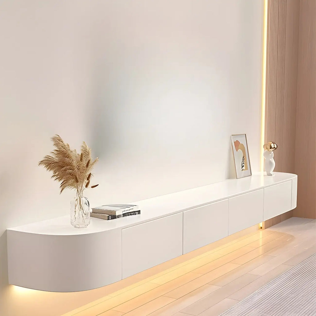 Meuble TV suspendu en bois blanc de style glamour avec tiroirs et étagères