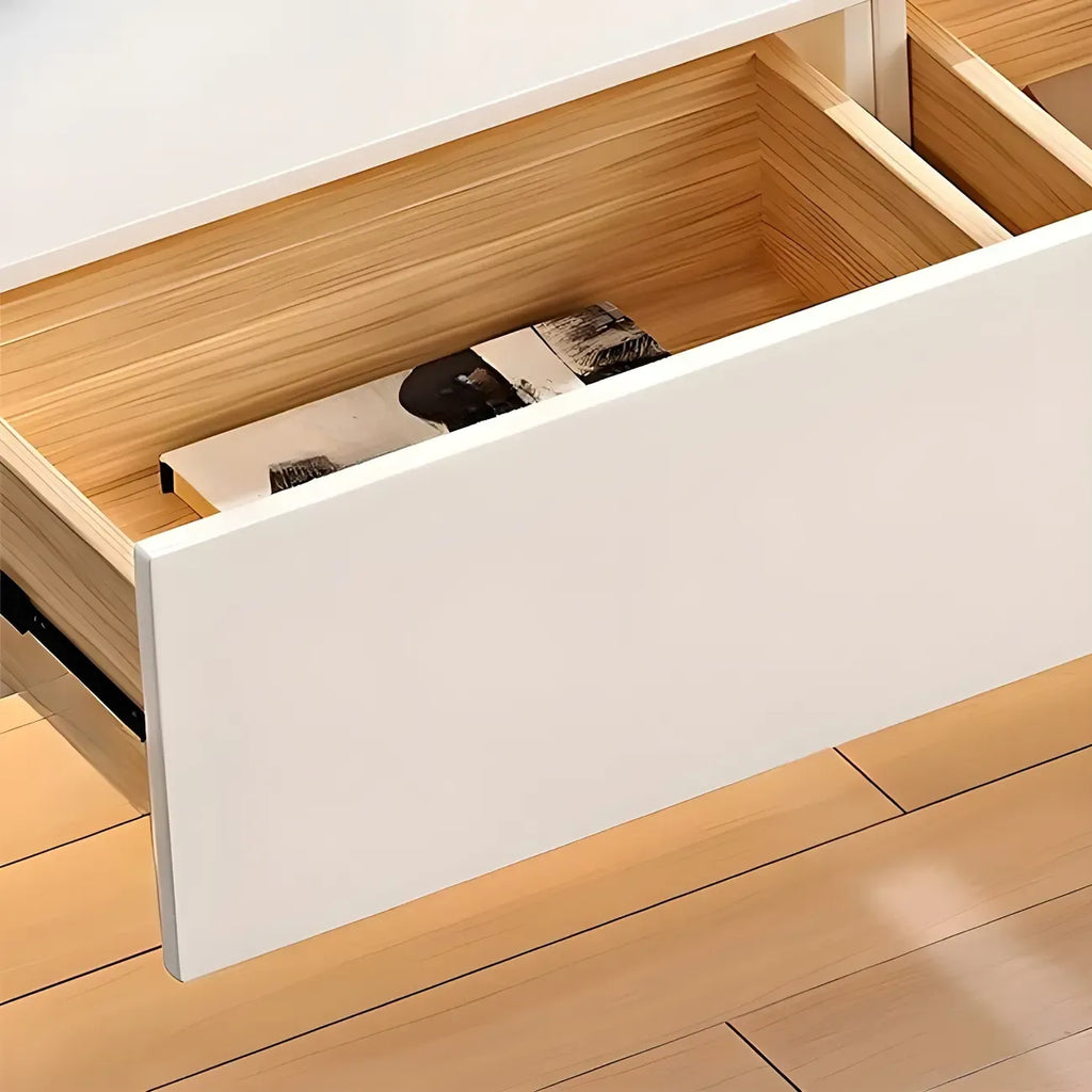 Meuble TV suspendu en bois blanc de style glamour avec tiroirs et étagères