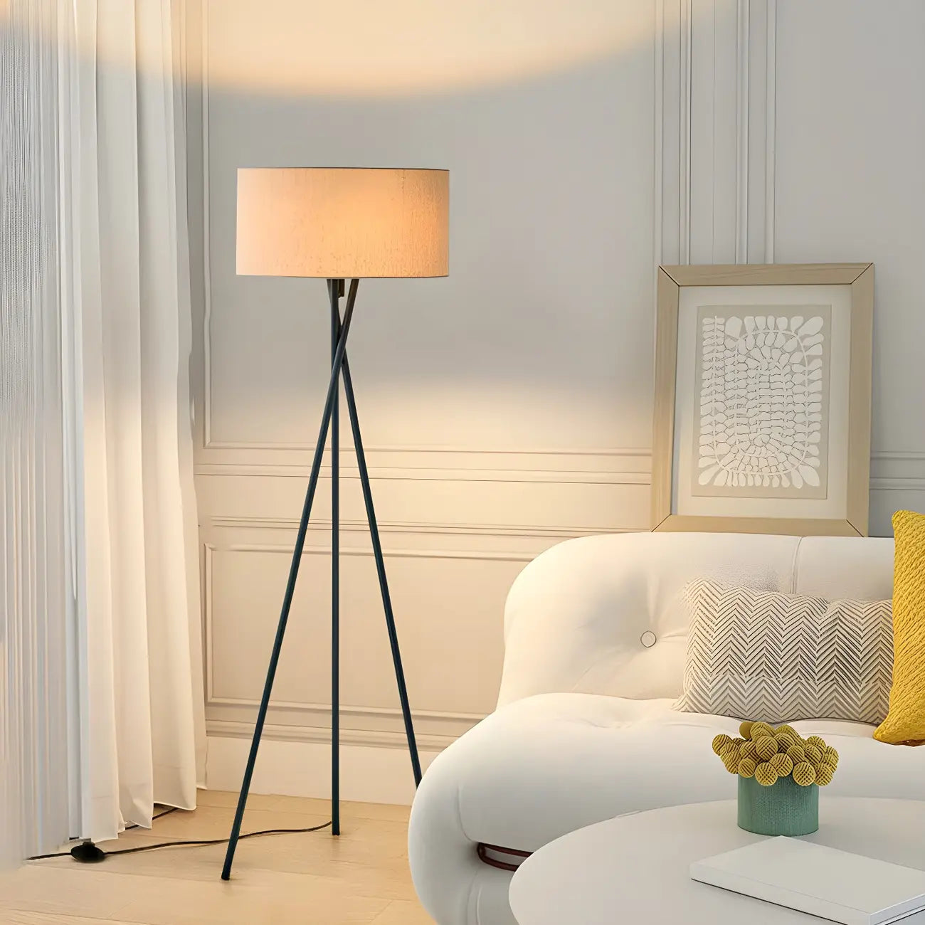 Lampadaire moderne trépied LED noir avec abat-jour cylindrique