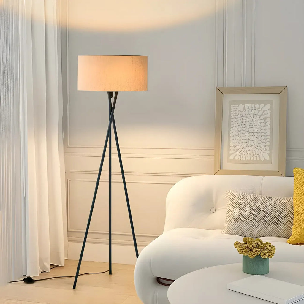 Lampadaire moderne trépied LED noir avec abat-jour cylindrique