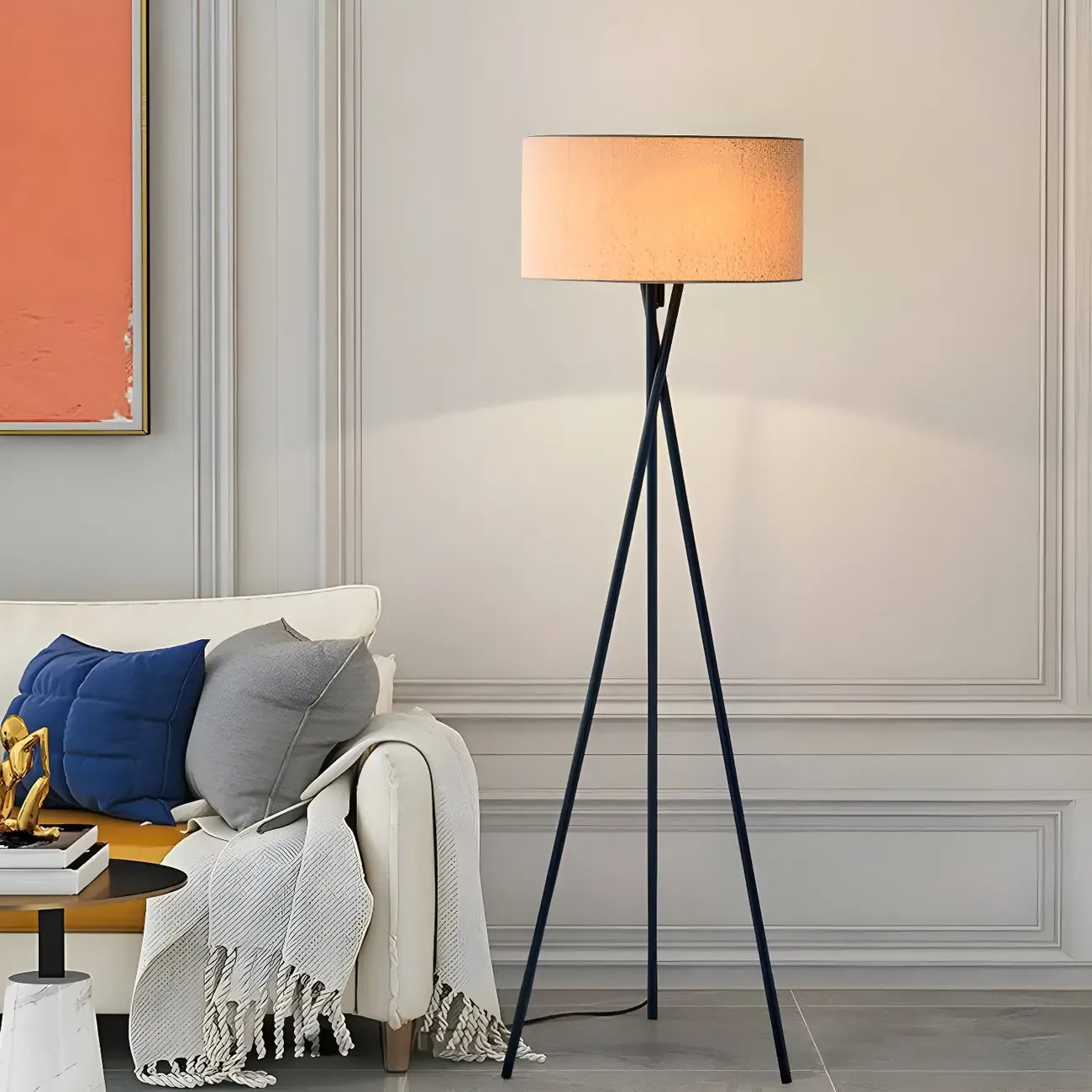 Lampadaire moderne trépied LED noir avec abat-jour cylindrique
