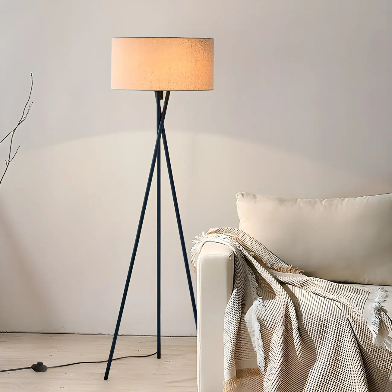 Lampadaire moderne trépied LED noir avec abat-jour cylindrique