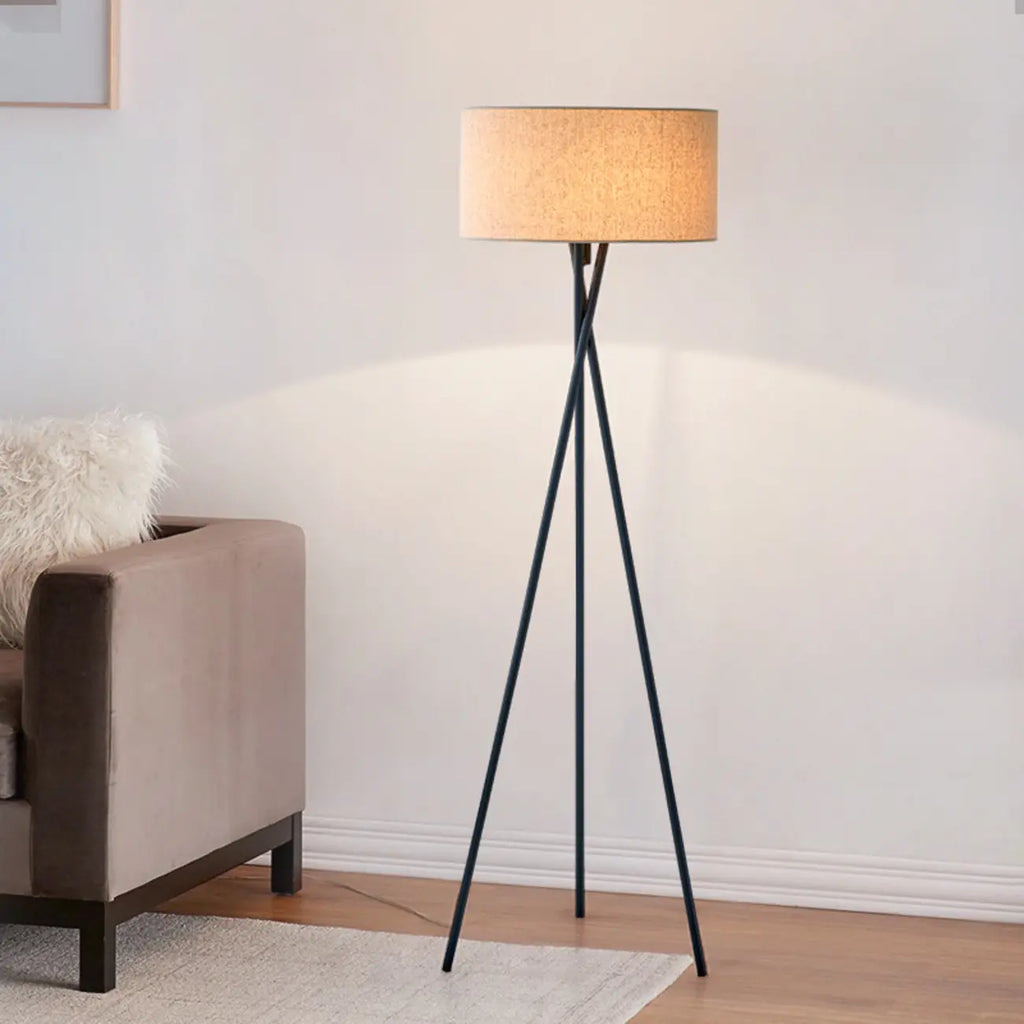 Lampadaire moderne trépied LED noir avec abat-jour cylindrique
