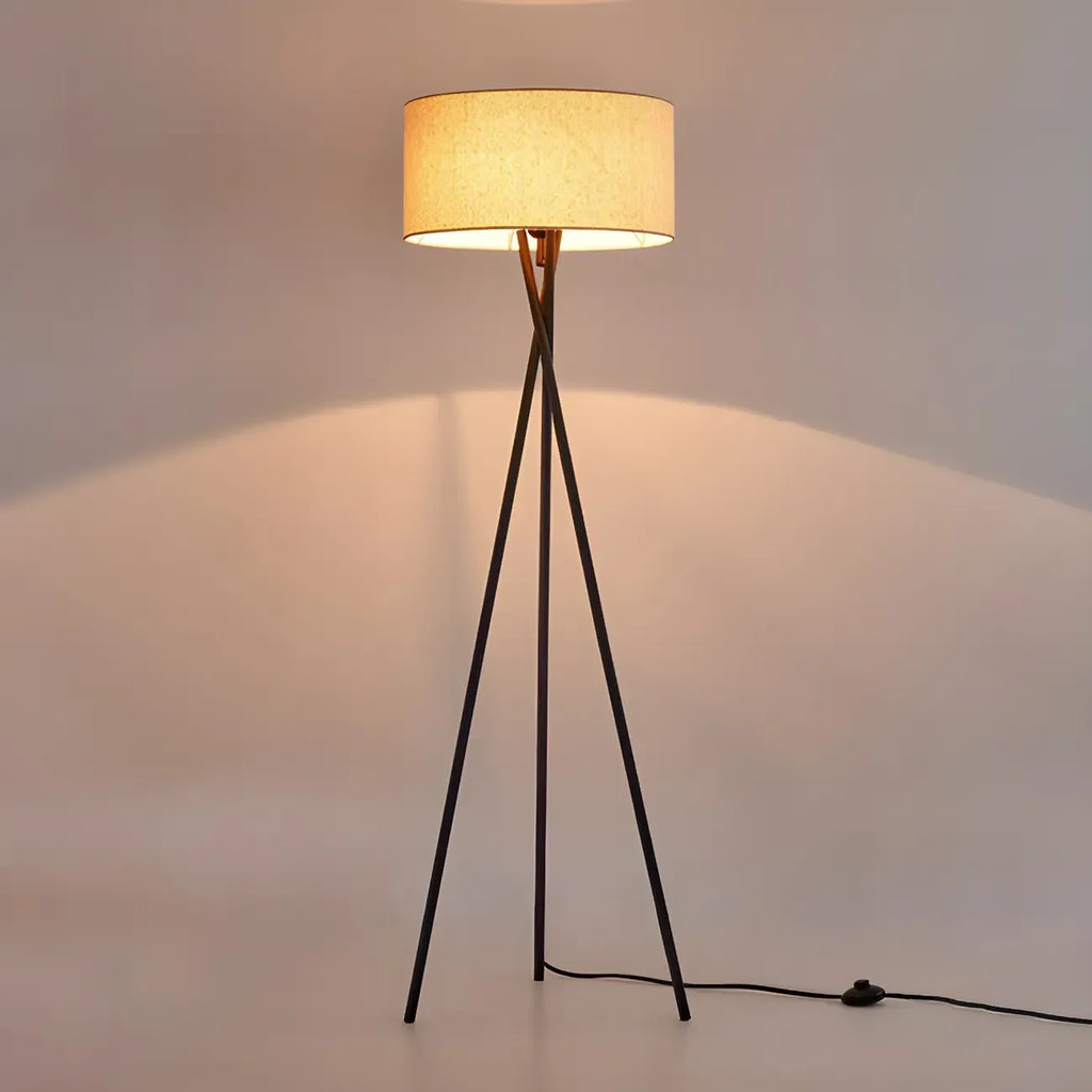 Lampadaire moderne trépied LED noir avec abat-jour cylindrique