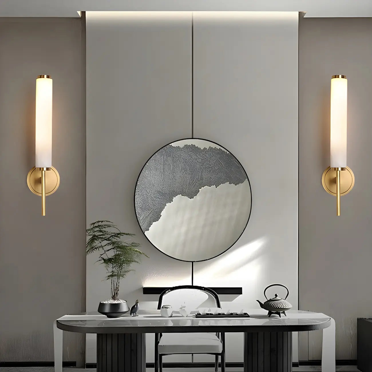 Applique murale moderne cylindrique en pierre dorée avec éclairage LED pour chambre