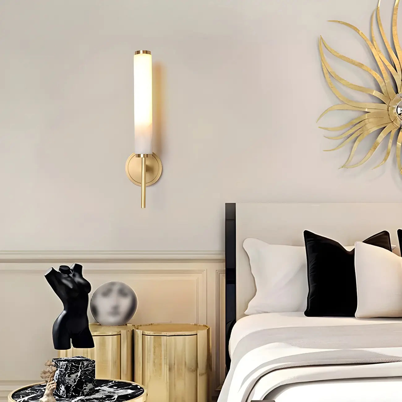 Applique murale moderne cylindrique en pierre dorée avec éclairage LED pour chambre