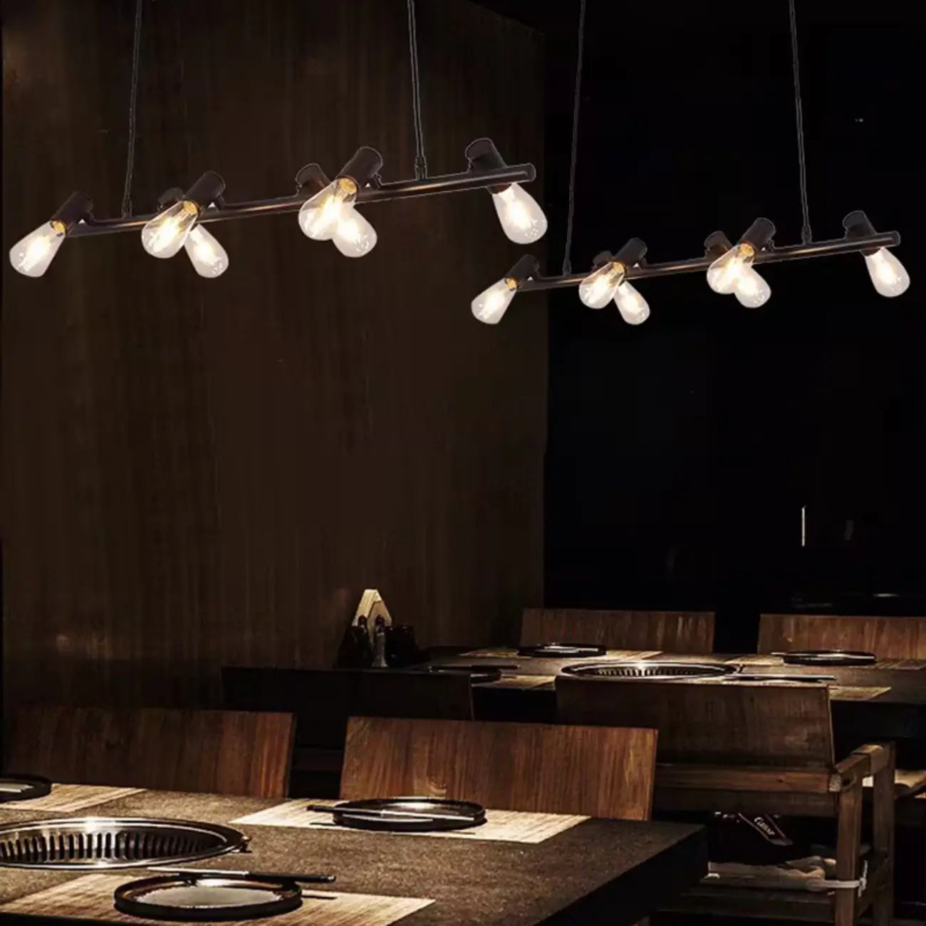 Suspension îlot en métal de style industriel, réglable, pour cuisine.